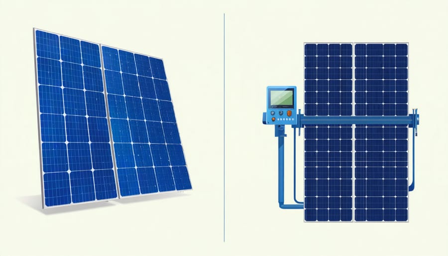 Split image showing manual solar panel production on left and automated smart factory on right