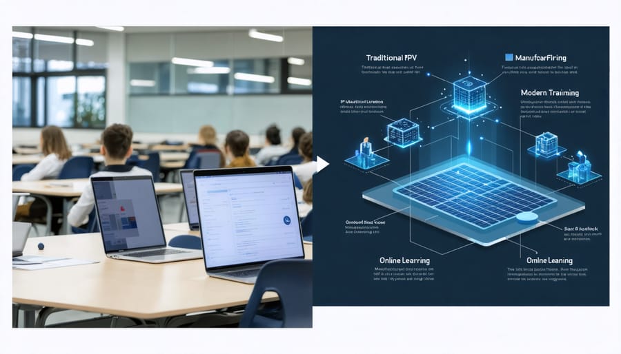 Side-by-side comparison of traditional classroom vs online PV manufacturing training methods
