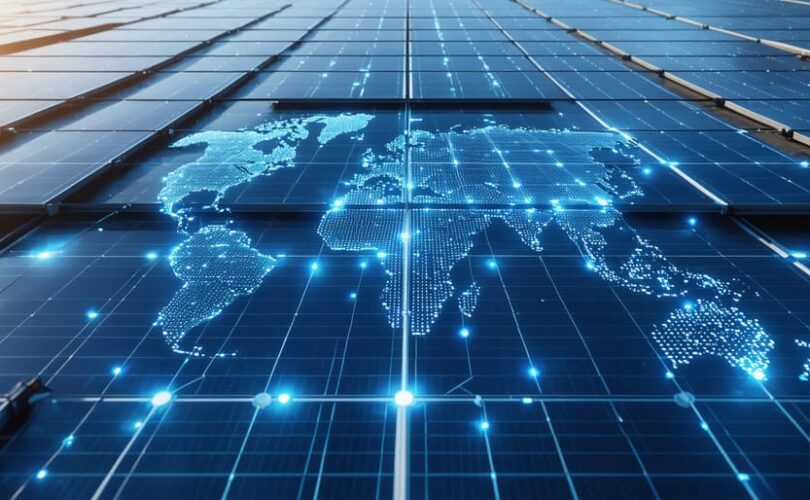 Conceptual representation of interconnected solar panels across a world map, illustrating global collaboration and innovation in renewable energy hubs.