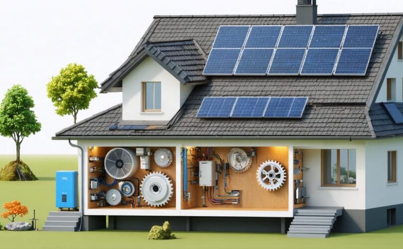 Conceptual illustration of a residential roof with solar PV components and symbolic hidden cost elements like gears and compartments, emphasizing the hidden costs of solar installations.