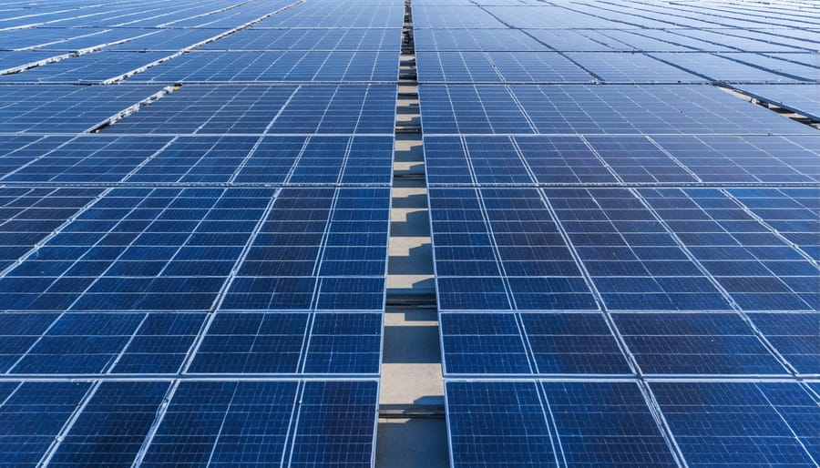 Large utility-scale solar farm with thousands of solar panels in neat rows