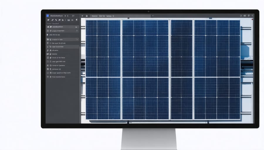 Virtual reality simulation showing solar panel assembly line with interactive elements
