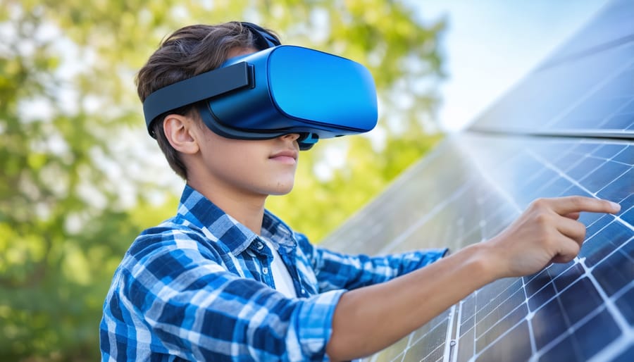 Person wearing virtual reality headset practicing solar panel installation in simulated environment