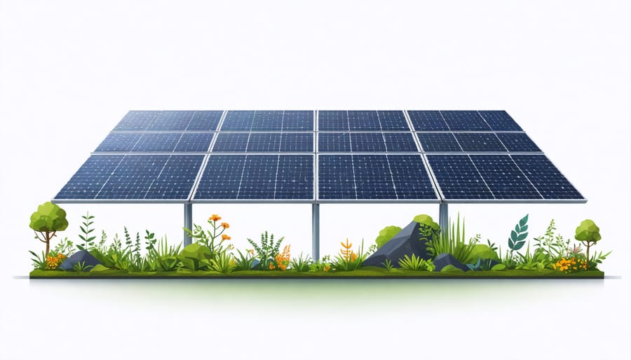 Technical illustration of elevated solar panels with wildlife passage underneath