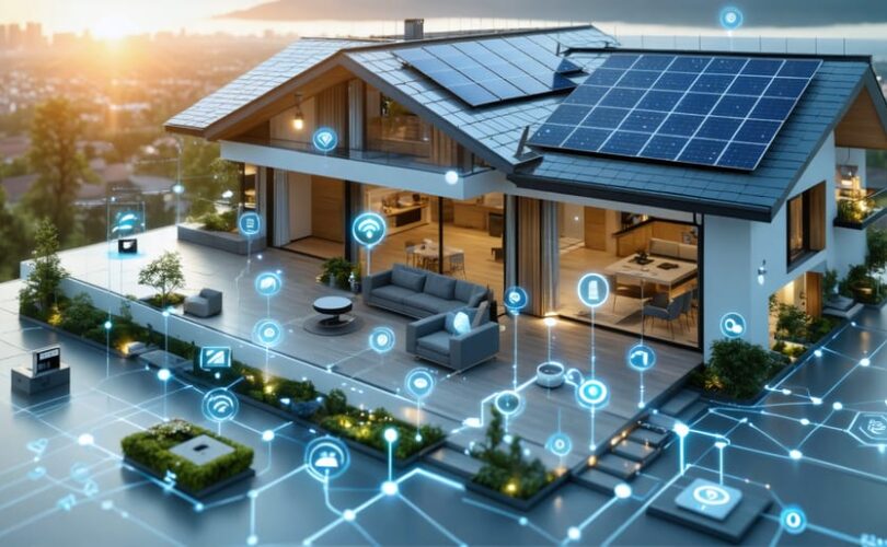 Artistic depiction of a smart home using Z-Wave technology with integrated solar panels and energy management devices, showcasing the network's connectivity and innovation.