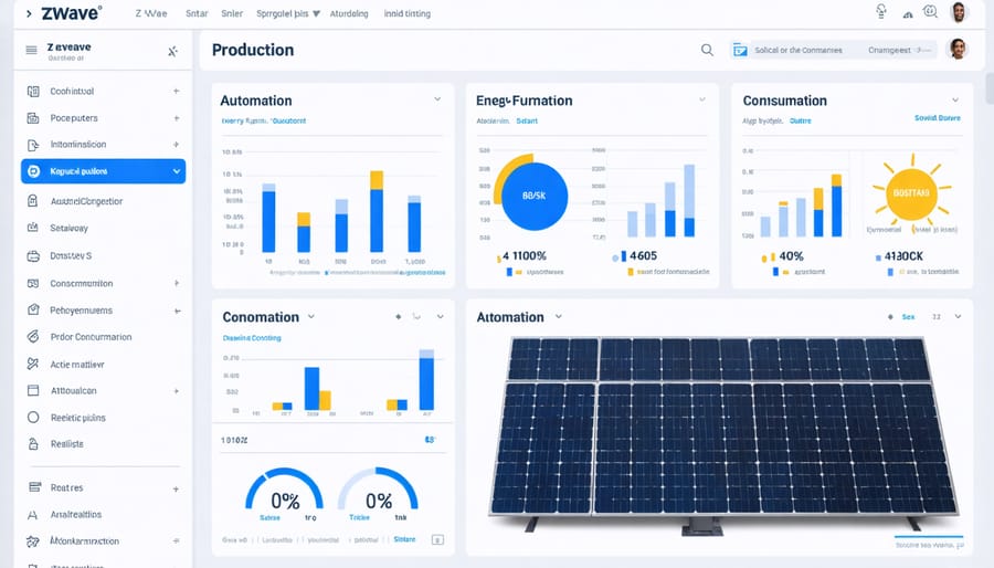 Z-Wave smart home dashboard interface displaying solar system performance metrics