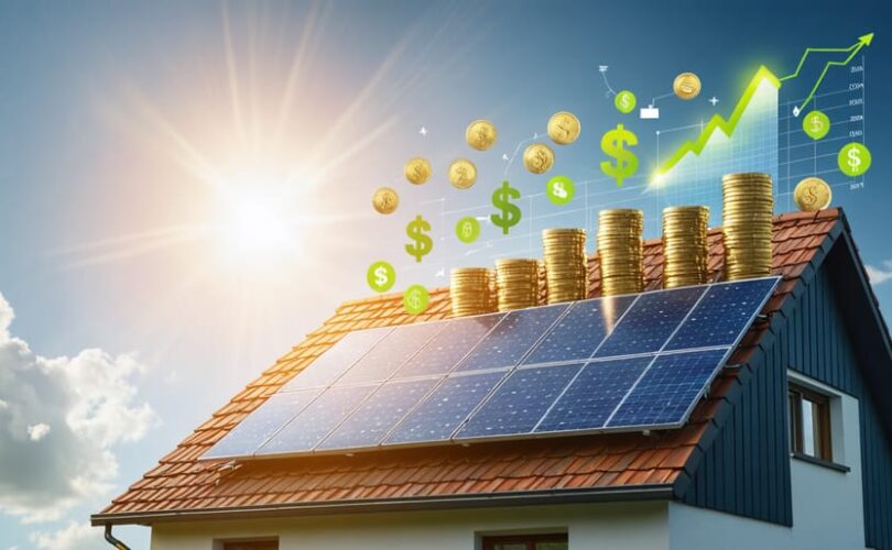 Conceptual illustration of a house with solar panels and financial symbols, depicting the benefits of zero-cost solar financing options.