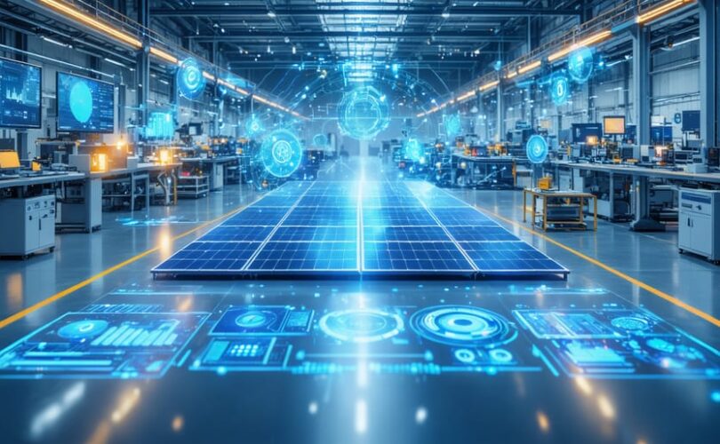 Conceptual illustration of a futuristic photovoltaic manufacturing environment with digital twin technology overlaying real-time data metrics on solar panels and equipment.