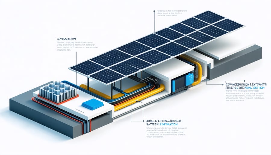 Technical illustration showing the internal structure of a modern lithium-ion battery system connected to solar panels