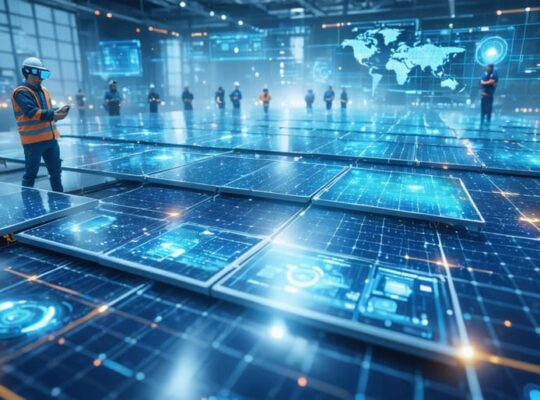 Conceptual depiction of solar PV training using virtual reality, showcasing professionals engaging with digital simulations and data analytics in a futuristic learning environment.