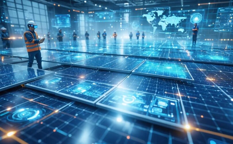 Conceptual depiction of solar PV training using virtual reality, showcasing professionals engaging with digital simulations and data analytics in a futuristic learning environment.