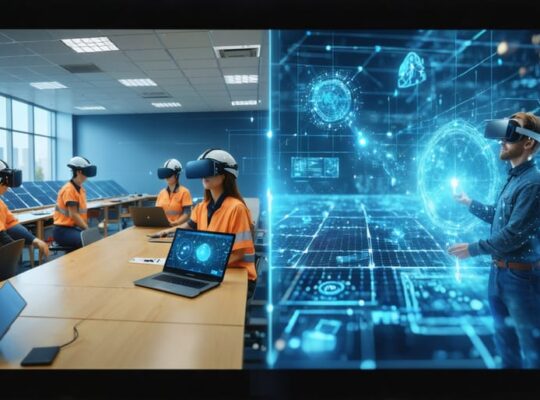 A split-screen image comparing traditional solar installation training with modern AI-enhanced virtual reality training, highlighting the evolution in workforce skill development.