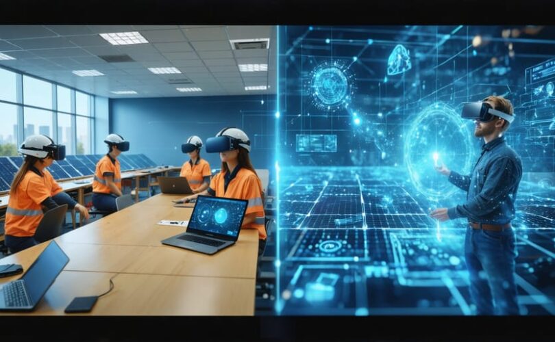 A split-screen image comparing traditional solar installation training with modern AI-enhanced virtual reality training, highlighting the evolution in workforce skill development.