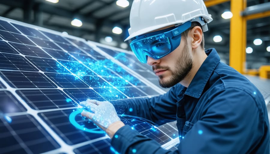 Manufacturing employee using AR guidance system during actual solar panel assembly