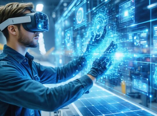 Worker in a high-tech facility wearing an AR headset, interacting with holographic solar panel components demonstrating assembly steps, highlighting the advanced training environment.