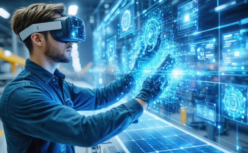 Worker in a high-tech facility wearing an AR headset, interacting with holographic solar panel components demonstrating assembly steps, highlighting the advanced training environment.