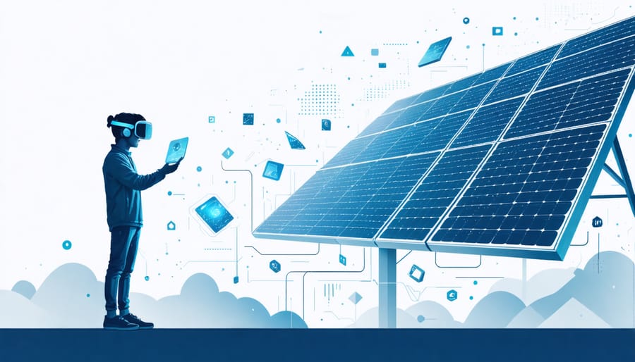 Worker using AR headset to learn solar panel assembly through interactive holographic display