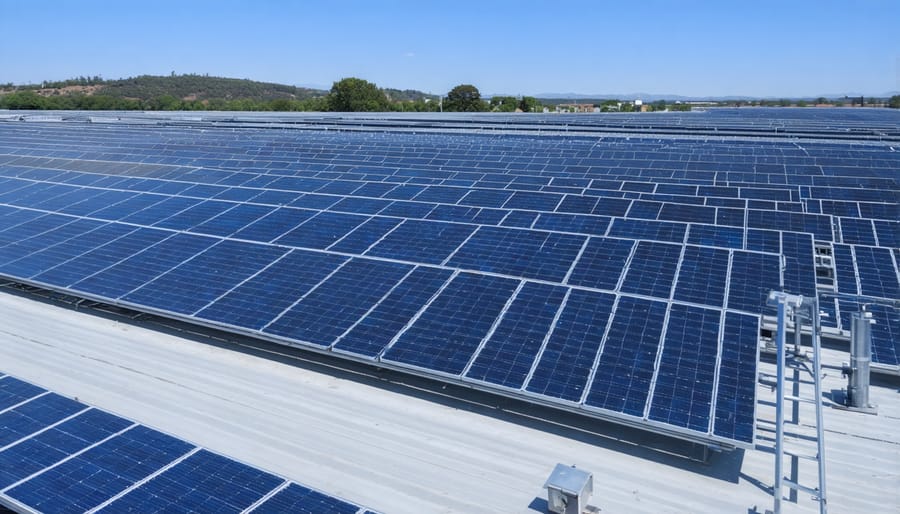 Modern automated production line manufacturing solar panels with robotic systems