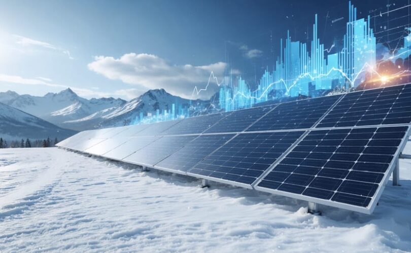 Conceptual depiction of solar panels in a snowy environment with data graphs and weather patterns in the sky symbolizing the use of climate resilience tools for enhancing solar performance in cold climates.