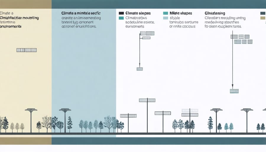 Illustrated cross-sections of various solar panel mounting systems adapted for different climate zones