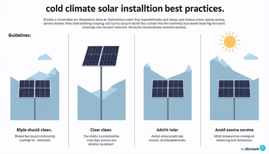 Diagram illustrating optimal panel angles, mounting systems, and snow management features for cold climate solar installations