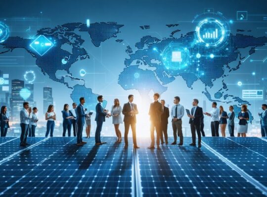 Diverse group of stakeholders discussing solar PV project plans near a solar panel installation, with digital feedback systems in the background indicating active communication and data analysis.