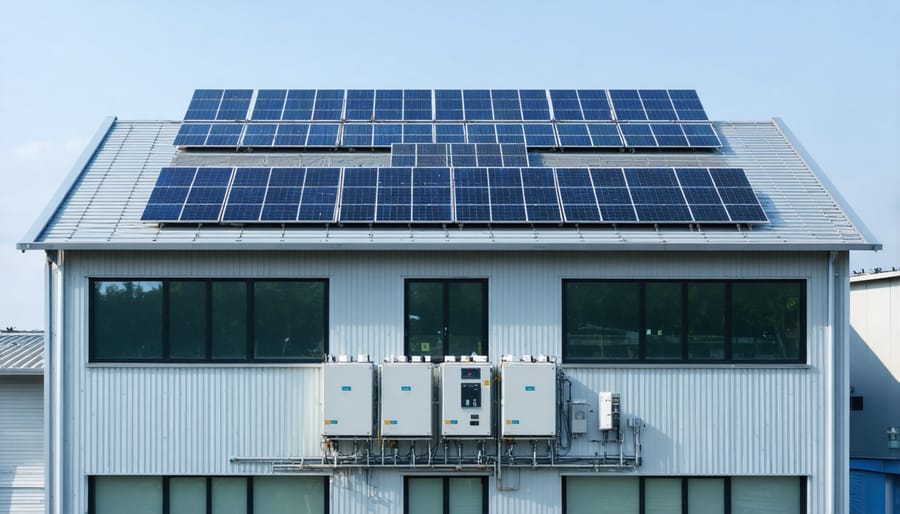Large commercial solar installation on business rooftop with monitoring systems
