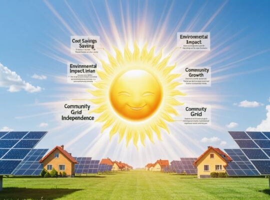 Illustration depicting the interconnected benefits of community solar, including cost savings, environmental impact, community growth, and grid independence, with homes connected to a centralized solar farm.