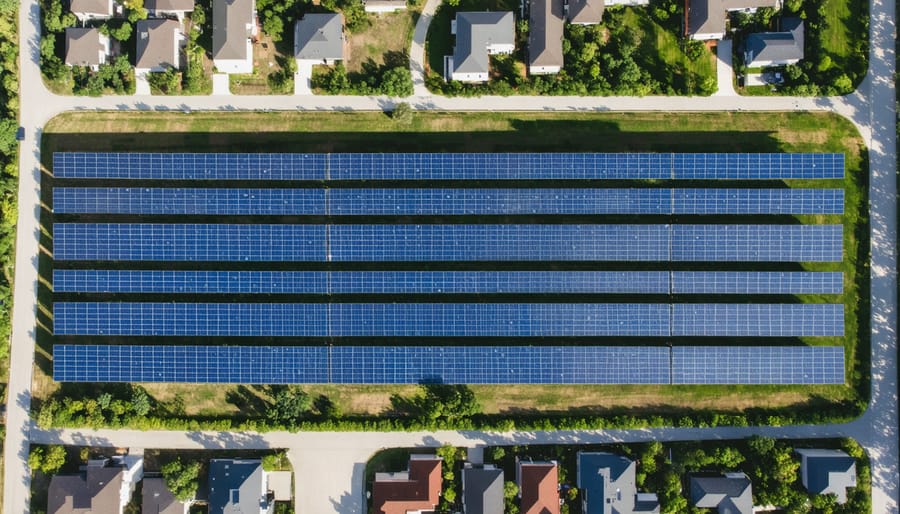Large solar panel array serving multiple homes in a suburban community