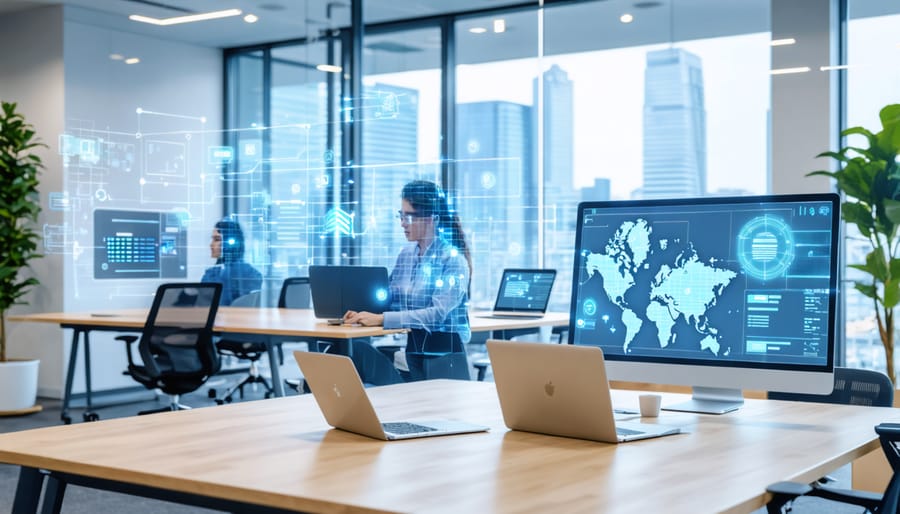 Hybrid workplace showing Gen Z employees collaborating through digital tools