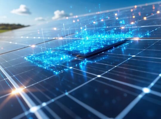 Conceptual representation of a 7V solar panel with a digital twin interface showcasing real-time data analysis and connectivity features.