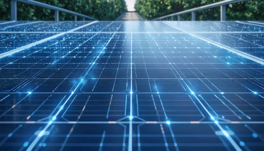 Digital twin interface displaying virtual representation of PV manufacturing line with data metrics