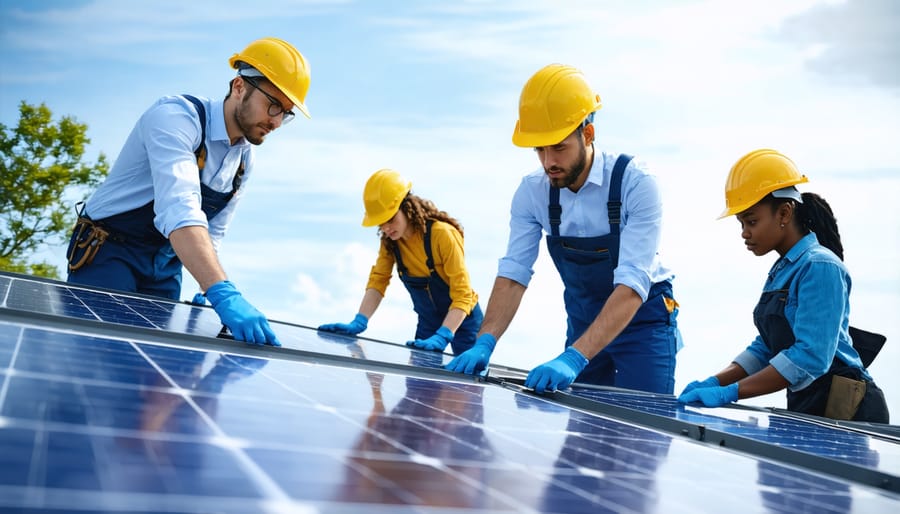 Young diverse team working together on solar panel installation