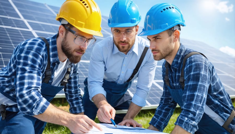 Multi-ethnic team of solar technicians and engineers working together on a commercial solar installation