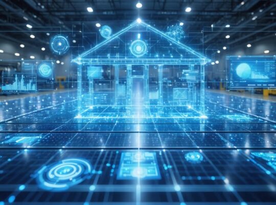 Conceptual artwork of a solar manufacturing facility with a digital twin interface showing real-time data streams and holographic monitoring panels, representing the integration of physical and virtual manufacturing processes.