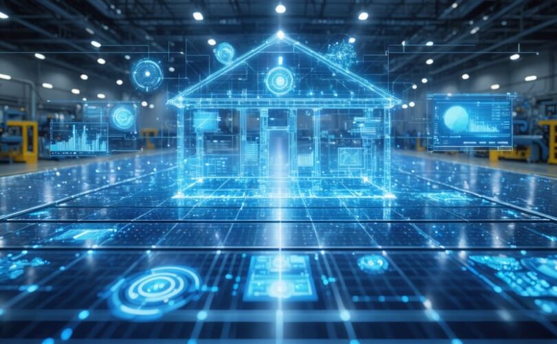 Conceptual artwork of a solar manufacturing facility with a digital twin interface showing real-time data streams and holographic monitoring panels, representing the integration of physical and virtual manufacturing processes.