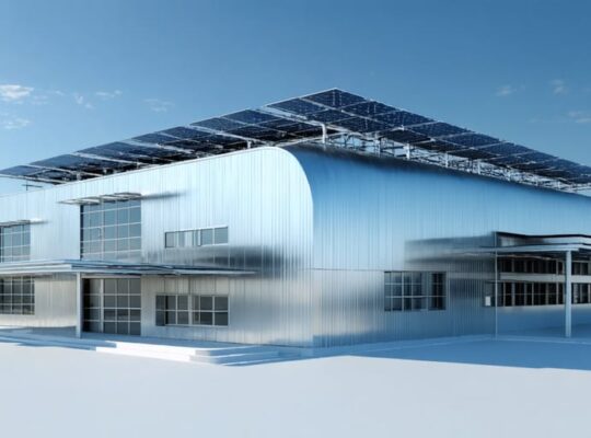 Conceptual illustration of a modern building featuring metal structural insulated panels with integrated solar panels, representing advanced energy-efficient construction technology.