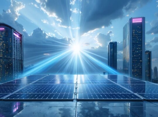 Conceptual illustration of a futuristic city with buildings featuring UV solar panels on rooftops, capturing ultraviolet light even on cloudy days.