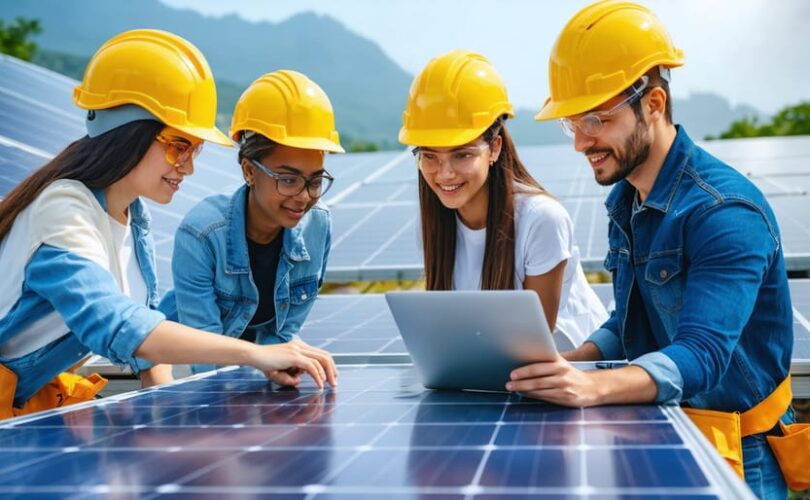 A diverse group of Gen Z professionals collaborates on solar panel installation, highlighting teamwork and innovation in the solar energy sector.