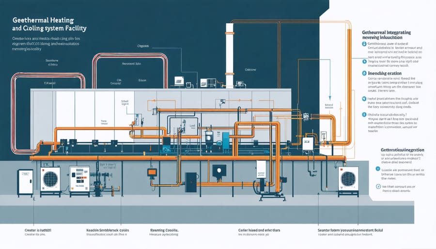 Cross-section diagram of geothermal HVAC system in industrial setting
