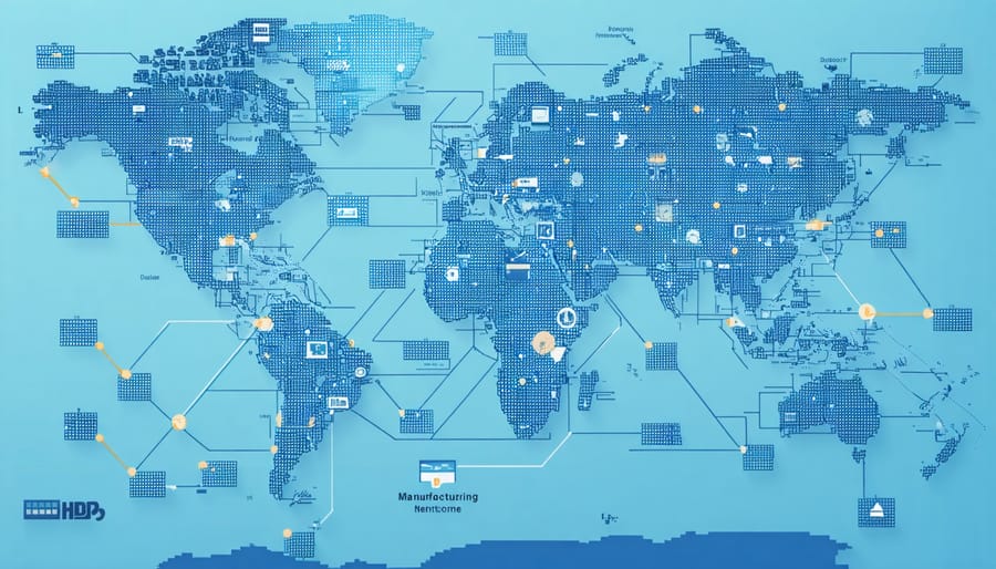 Global map showing key solar panel manufacturing centers and their interconnected supply networks