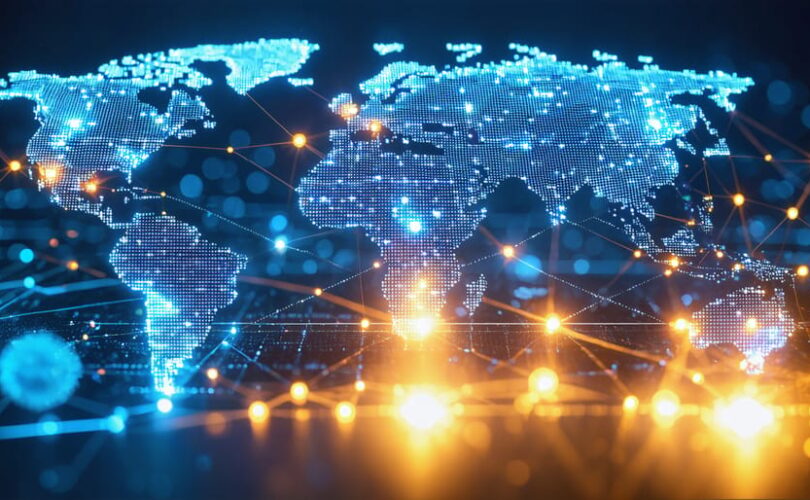 Conceptual illustration of a networked world map with solar panel icons interconnected by lines, symbolizing the global harmonization of solar regulations.