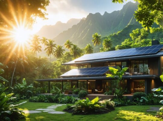 A modern Hawaiian home equipped with rooftop solar panels amidst a lush tropical backdrop, capturing the essence of energy independence and sustainable living.