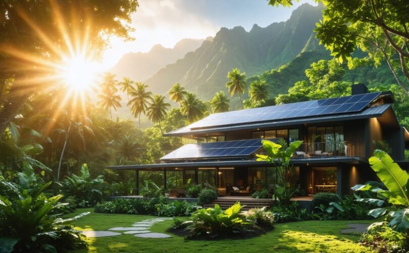 A modern Hawaiian home equipped with rooftop solar panels amidst a lush tropical backdrop, capturing the essence of energy independence and sustainable living.