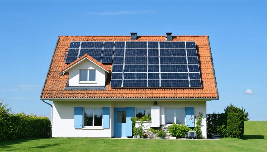 Modern house with rooftop solar panels and wall-mounted battery storage system