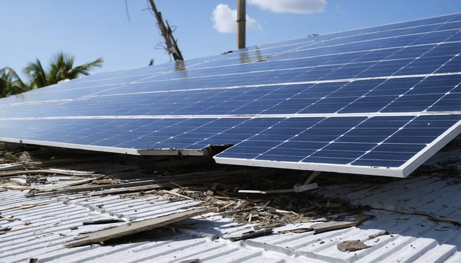 Solar panels with visible hurricane damage including twisted mounting structures and cracked panels