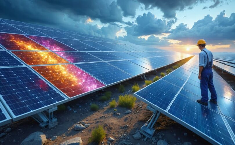 Conceptual illustration of a solar farm integrating traditional panels with colorful hybrid perovskite panels, showcasing their distinct crystalline structure, as a technician examines the setup under a rising sun representing innovation in solar technology.
