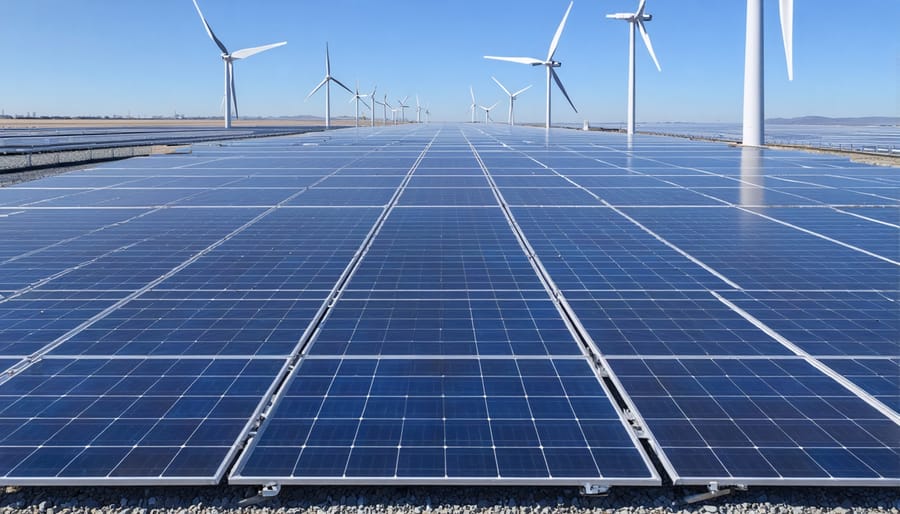 Wind turbines and solar panels working together at manufacturing plant