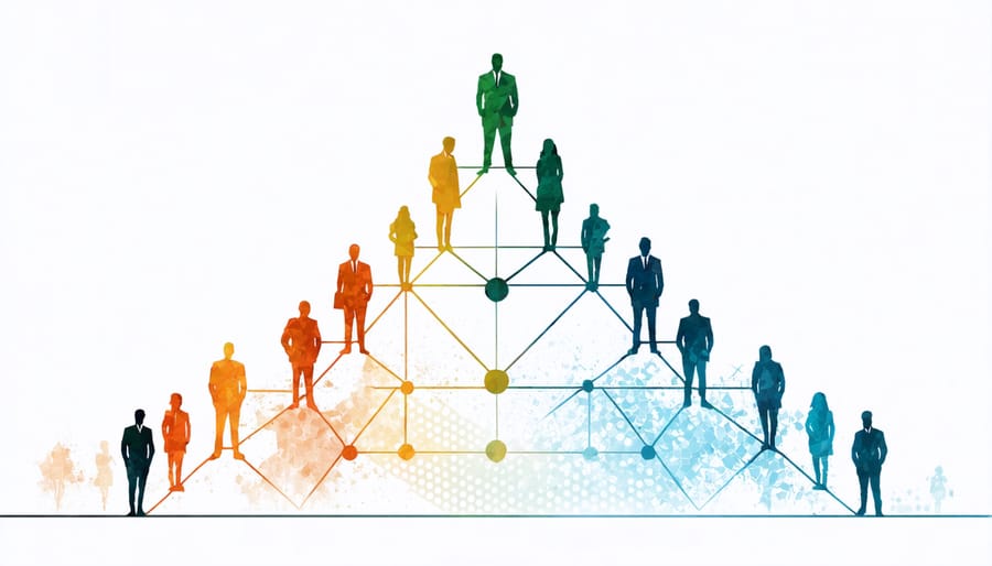 Abstract representation of diverse leadership structure with connecting lines showing collaboration