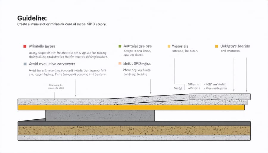 Exploded view diagram of metal structural insulated panel components including outer metal sheets and insulation core